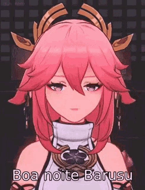 a close up of a pink haired anime girl with the words `` boa noite barusu '' written on the bottom .
