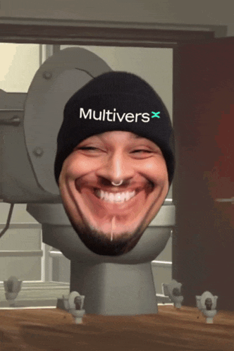 a man wearing a hat that says multiverse on it is sitting on a toilet