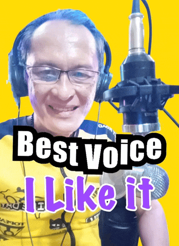 a man wearing headphones stands in front of a microphone with the words best voice i like it above him