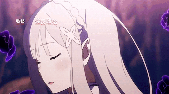 a girl with white hair and a flower in her hair is sleeping with her eyes closed