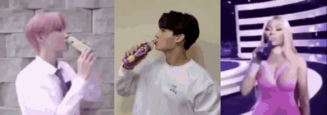 a man is drinking from a purple bottle and a woman is singing into a microphone .