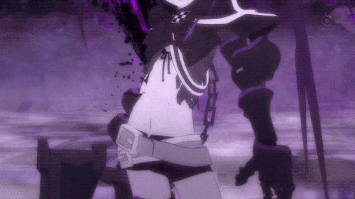 a purple and white animated character with a sword