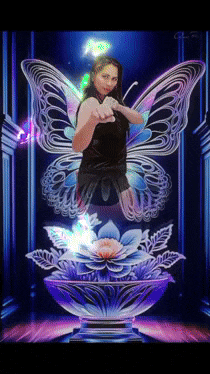 a woman with butterfly wings is pointing at the camera