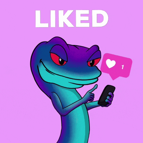 a cartoon lizard is holding a cell phone and giving a thumbs up with the word liked below it
