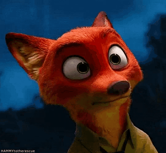 a close up of a cartoon fox with big eyes looking up
