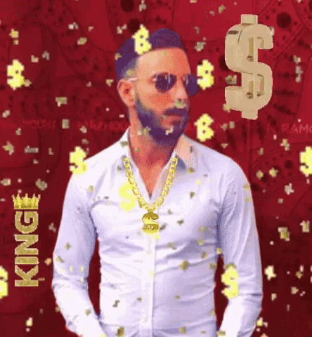 a man wearing sunglasses and a gold chain with a dollar sign on his neck