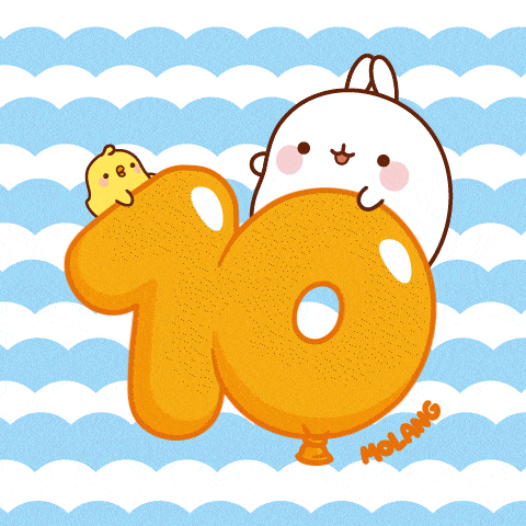 a cartoon of a bunny and a chick holding a number ten balloon