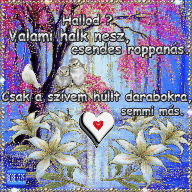 a picture of flowers and birds with a heart in the center