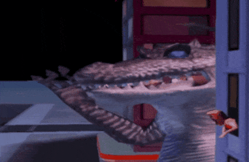 a computer generated image of a crocodile looking out a doorway