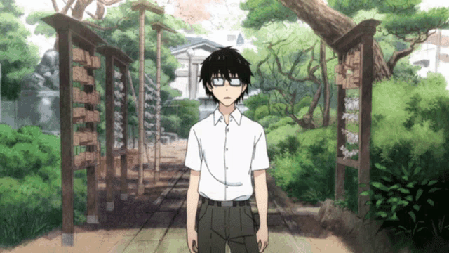 a boy with glasses stands in front of a wooden gate