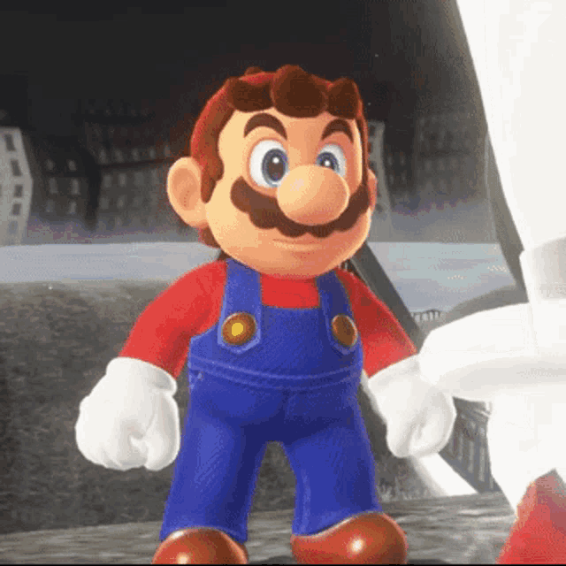 a mario doll is standing in front of a building