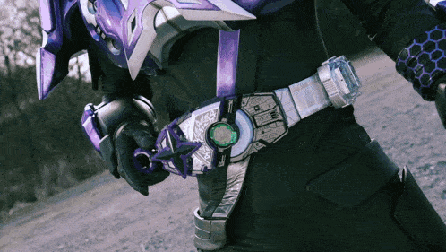 a person wearing a purple and silver belt with a green center