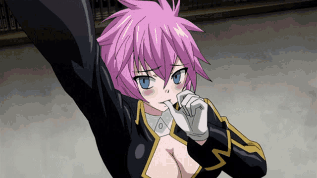 a girl with pink hair is wearing a black jacket