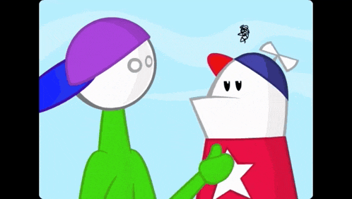 two cartoon characters are standing next to each other and one is wearing a red white and blue cape