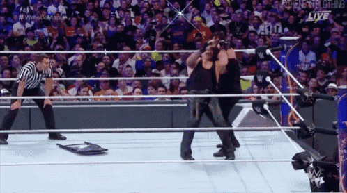 a wrestler is standing in the middle of a wrestling ring with a referee .