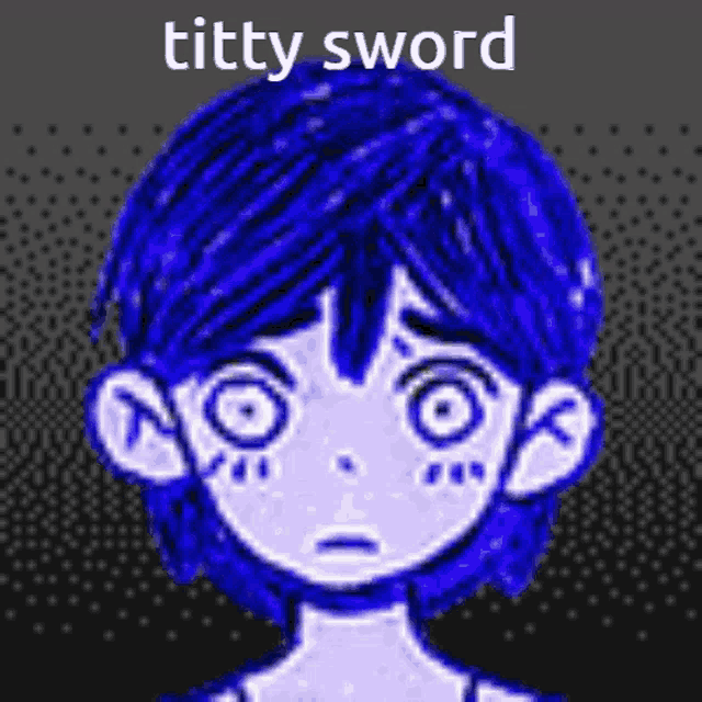 a pixel art drawing of a girl with blue hair and the words titty sword above her head .