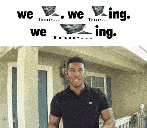 a man standing in front of a house with the words we true ing on the top