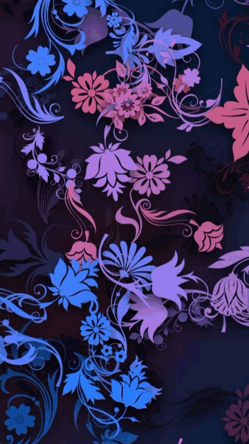 a floral pattern with blue and pink flowers on a dark background