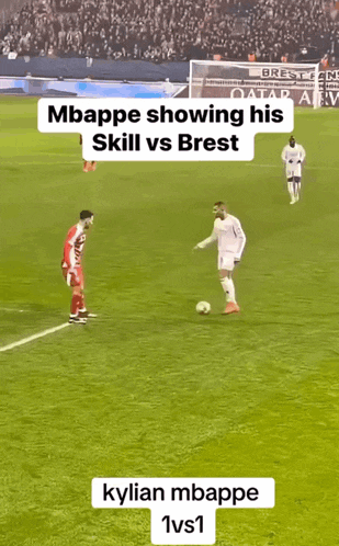 two soccer players on a field with a caption that says mbappe showing his skill vs brest