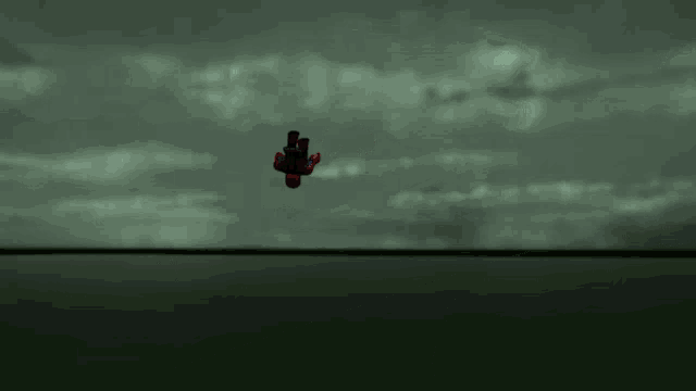 a spiderman is flying through the air in a dark room