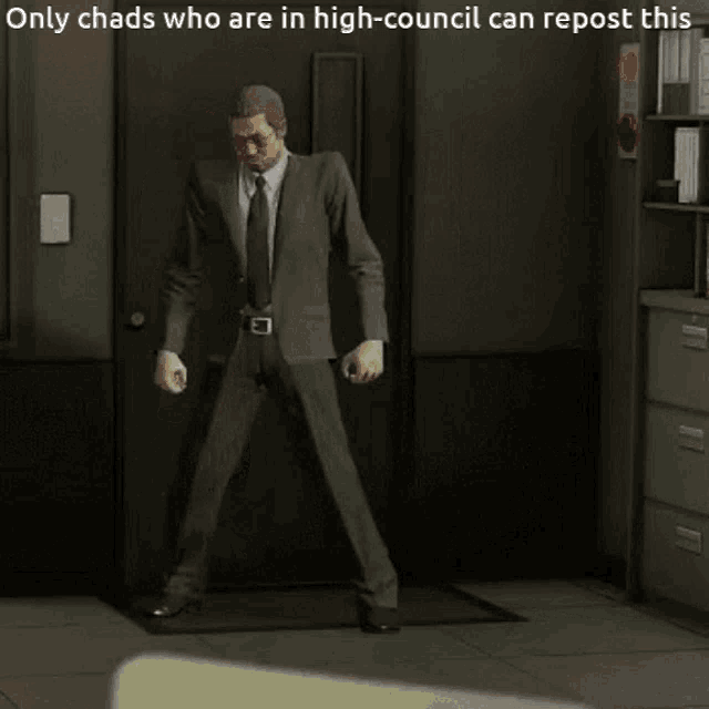 a picture of two men dancing with the caption only chads who are in high council can repost this