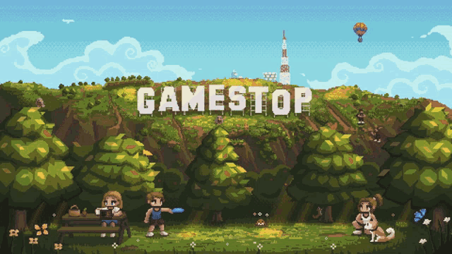 a pixel art landscape with the word gamestop on the top