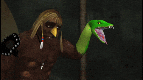 a cartoon character is holding a green snake in its mouth