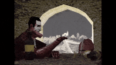 a pixelated drawing of a man holding a bottle