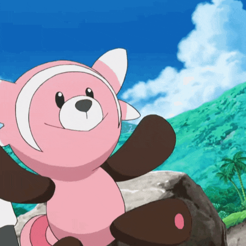 a pink and brown teddy bear is sitting on a rock and smiling