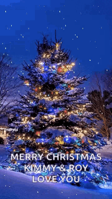 a christmas tree is covered in snow and lights and says merry christmas kimmy and roy love you