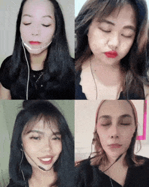 a collage of four women with their eyes closed wearing headsets