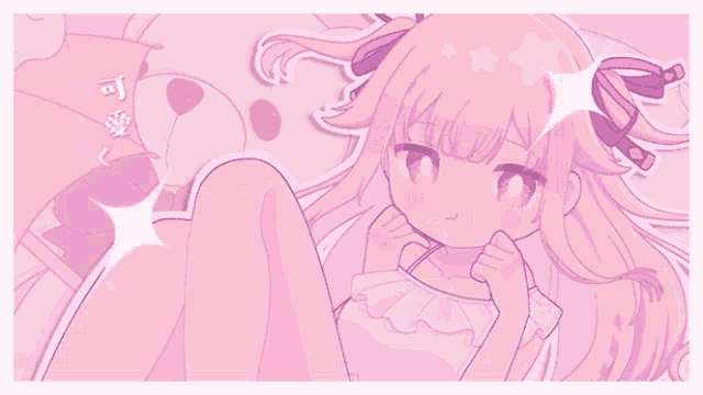 a girl with long pink hair is laying on a pink background
