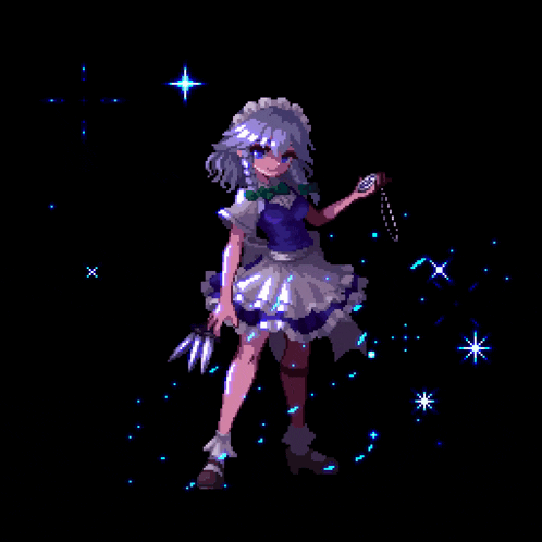 a pixel art of a girl surrounded by knives and stars