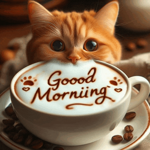 a cat is drinking from a cup of coffee that says " good morning "