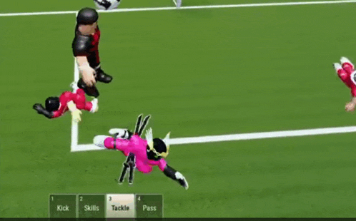 a soccer game is being played on a computer and a goalie is falling