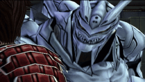 a man in a red shirt is standing next to a white monster with a skull on its head