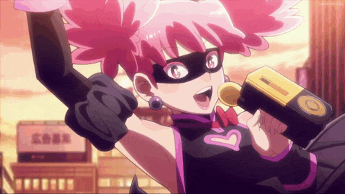a girl with pink hair and a mask is holding a microphone in her hand