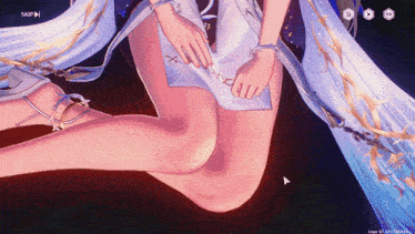 a screenshot of a video game shows a woman 's legs and a button that says skip