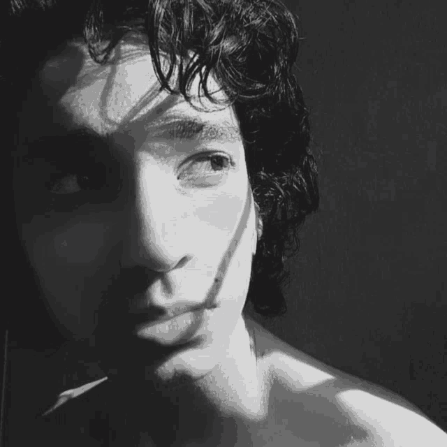 a close up of a person 's face with a shadow on it