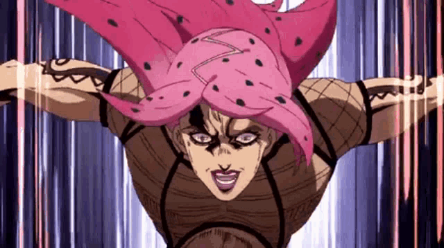 a cartoon character with pink hair is flying in the air .