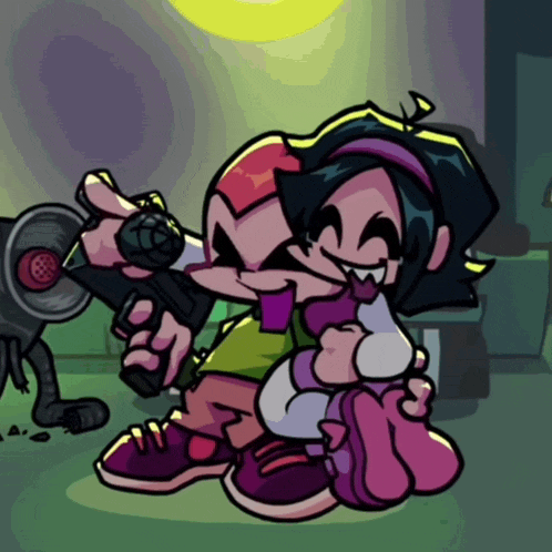 a cartoon character holding a microphone while another character holds a gun