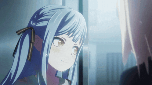 a girl with blue hair and brown eyes looks out a window