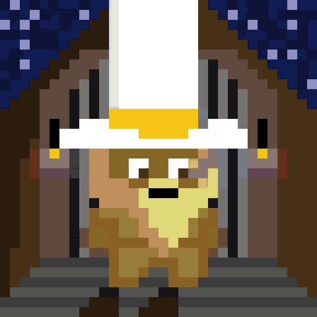 a pixel art of a bear wearing a hat
