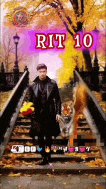 a painting of a man holding flowers and a tiger with rit 10 written on the bottom