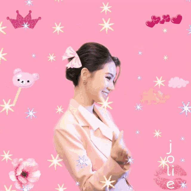 a woman giving a thumbs up with a pink background