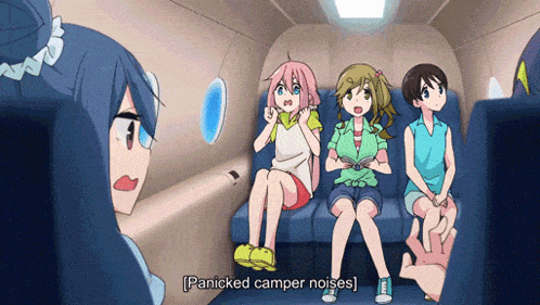a group of anime girls are sitting on a couch and one of them is saying " panicked camper noises "