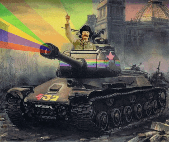 a painting of a man in a tank with the number 432 on it