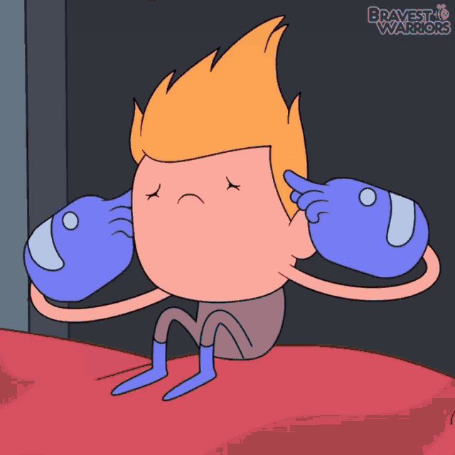 a cartoon character from bravest warriors is sitting on a bed