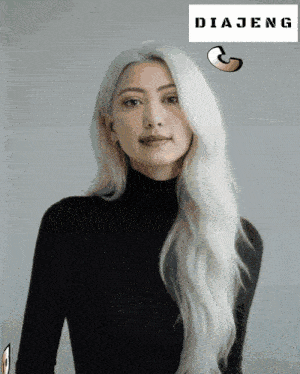 a woman with long white hair is wearing a black turtleneck and a diajeng logo