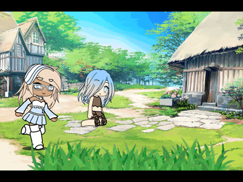 a cartoon of two girls standing in front of a thatched house